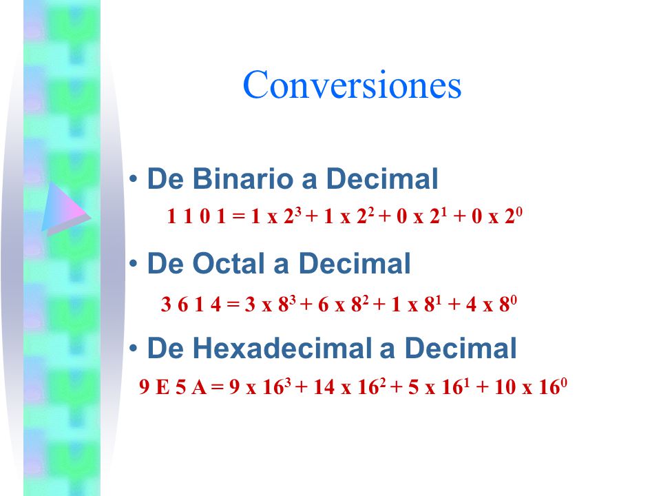 De Binario a Decimal De Octal a Decimal De Hexadecimal a Decimal