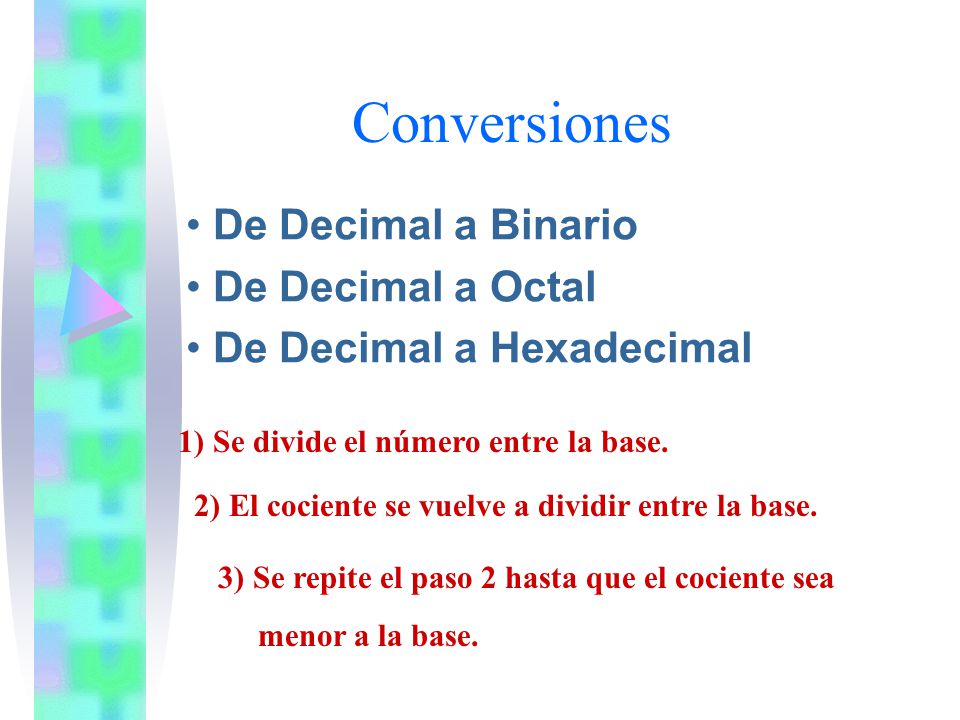 De Decimal a Binario De Decimal a Octal De Decimal a Hexadecimal