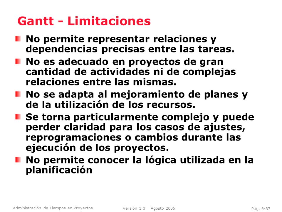 Gantt - Limitaciones No permite representar relaciones y dependencias precisas entre las tareas.