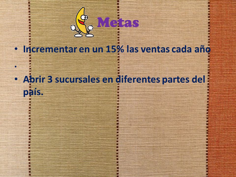Metas Incrementar en un 15% las ventas cada año .