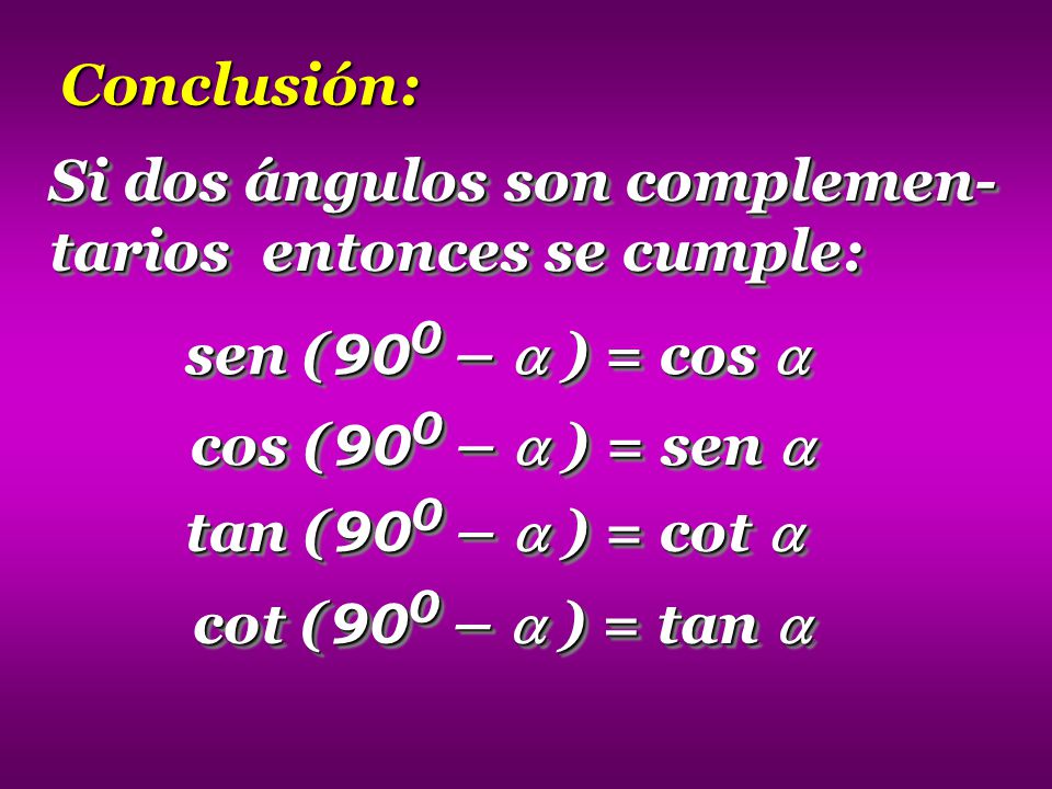 Conclusión: Si dos ángulos son complemen- tarios entonces se cumple: sen (900 –  ) = cos  cos (900 –  ) = sen 