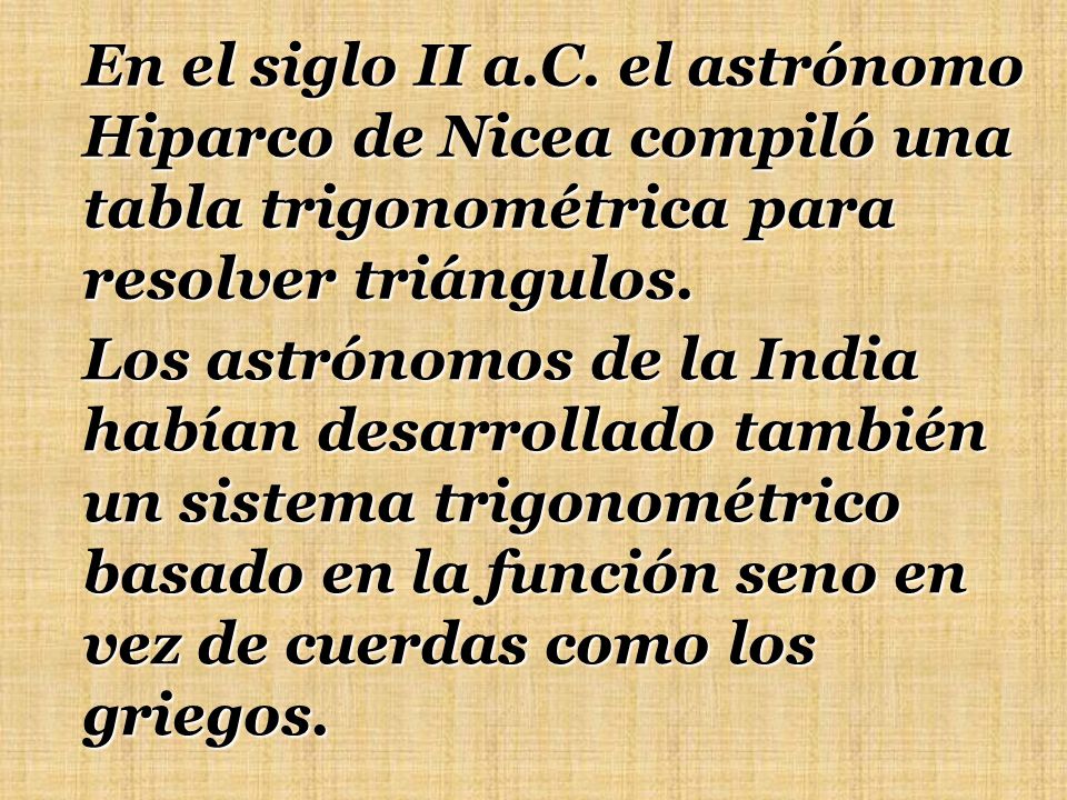 En el siglo II a.C. el astrónomo Hiparco de Nicea compiló una tabla trigonométrica para resolver triángulos.