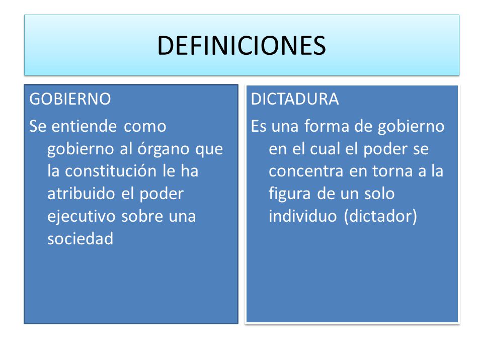DEFINICIONES GOBIERNO Se entiende como gobierno al órgano que la constitución le ha atribuido el poder ejecutivo sobre una sociedad