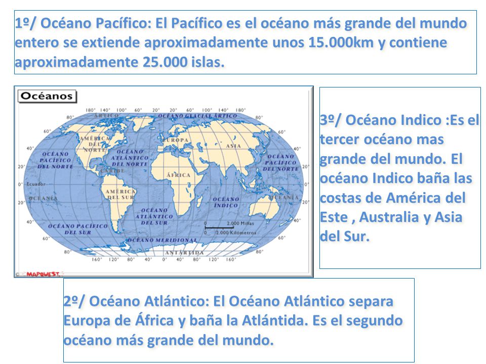 1º/ Océano Pacífico: El Pacífico es el océano más grande del mundo entero se extiende aproximadamente unos km y contiene aproximadamente islas.