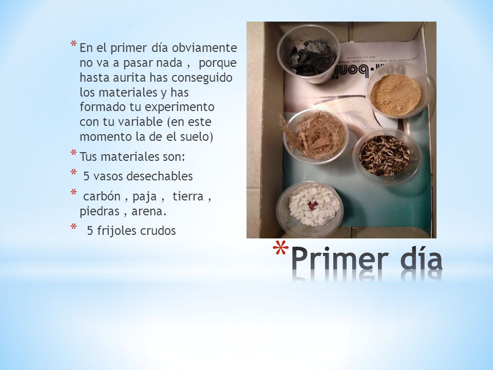 En el primer día obviamente no va a pasar nada , porque hasta aurita has conseguido los materiales y has formado tu experimento con tu variable (en este momento la de el suelo)