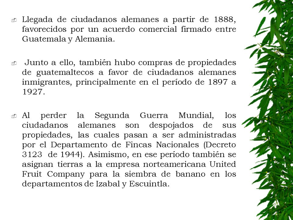Llegada de ciudadanos alemanes a partir de 1888, favorecidos por un acuerdo comercial firmado entre Guatemala y Alemania.
