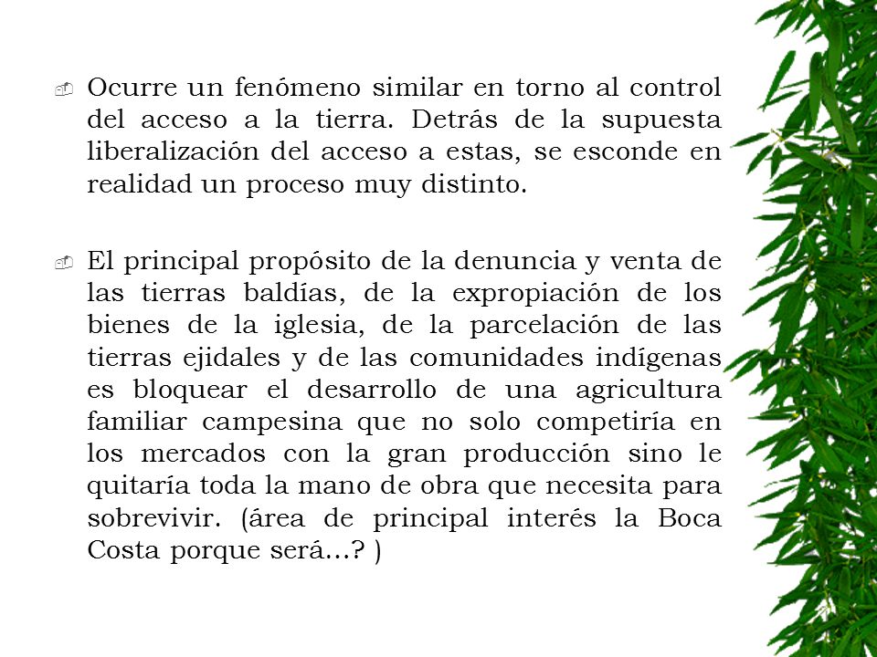 Ocurre un fenómeno similar en torno al control del acceso a la tierra