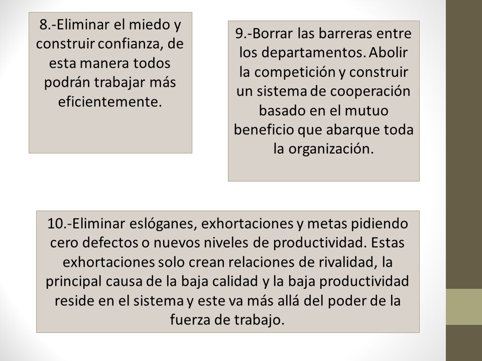 8.-Eliminar el miedo y construir confianza, de esta manera todos podrán trabajar más eficientemente.