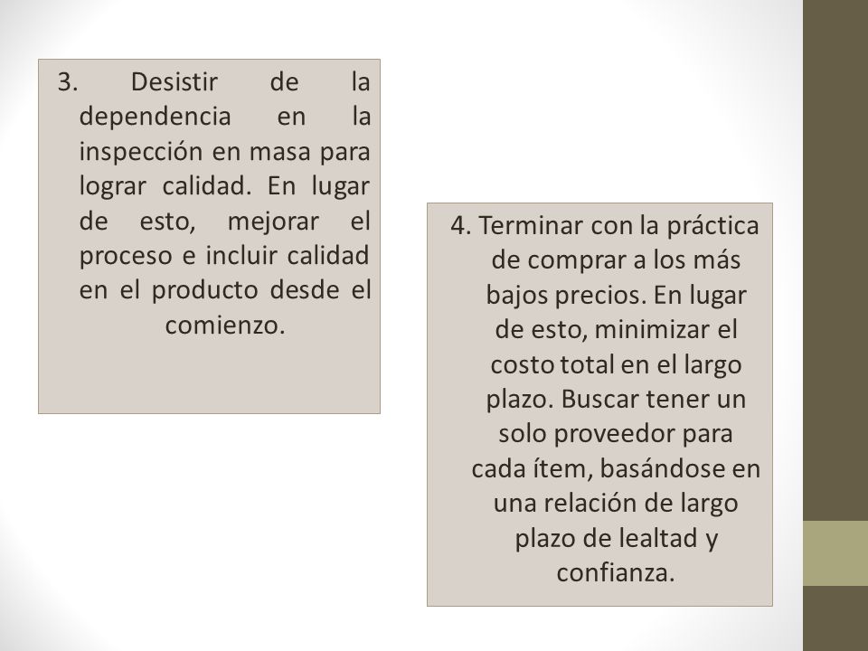 3. Desistir de la dependencia en la inspección en masa para lograr calidad. En lugar de esto, mejorar el proceso e incluir calidad en el producto desde el comienzo.