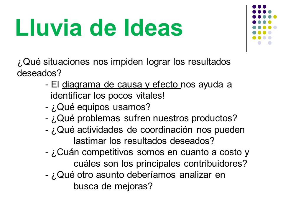 Lluvia de Ideas ¿Qué situaciones nos impiden lograr los resultados deseados - El diagrama de causa y efecto nos ayuda a.