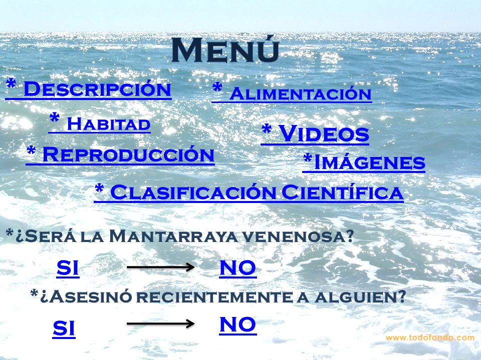 Menú * Descripción * Alimentación * Habitad * Videos * Reproducción