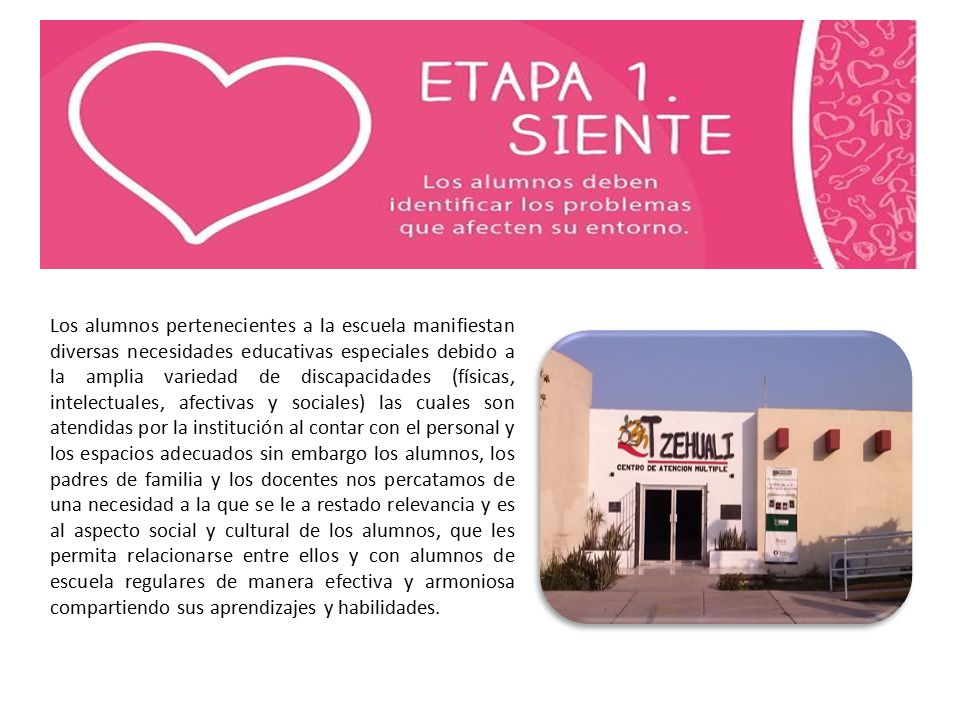 Los alumnos pertenecientes a la escuela manifiestan diversas necesidades educativas especiales debido a la amplia variedad de discapacidades (físicas, intelectuales, afectivas y sociales) las cuales son atendidas por la institución al contar con el personal y los espacios adecuados sin embargo los alumnos, los padres de familia y los docentes nos percatamos de una necesidad a la que se le a restado relevancia y es al aspecto social y cultural de los alumnos, que les permita relacionarse entre ellos y con alumnos de escuela regulares de manera efectiva y armoniosa compartiendo sus aprendizajes y habilidades.