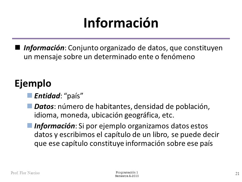 Información Información: Conjunto organizado de datos, que constituyen un mensaje sobre un determinado ente o fenómeno.