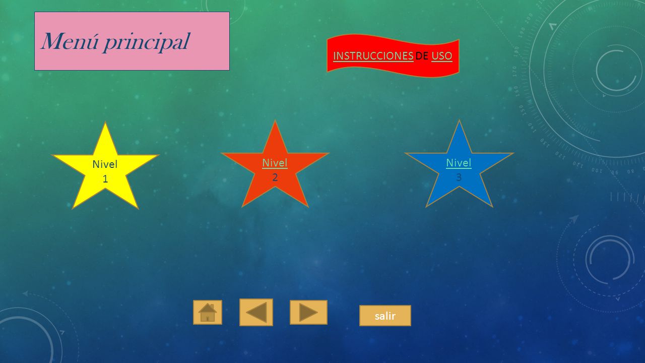 Menú principal INSTRUCCIONES DE USO Nivel 1 Nivel 2 Nivel 3 salir