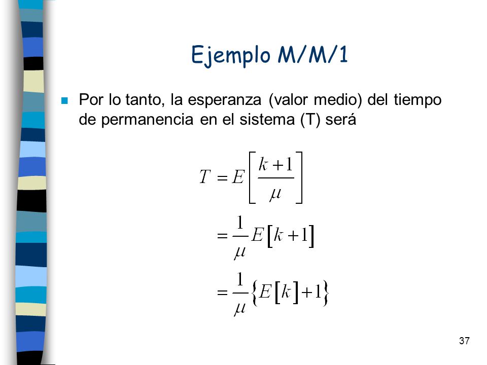 Ejemplo M/M/1 Por lo tanto, la esperanza (valor medio) del tiempo de permanencia en el sistema (T) será.