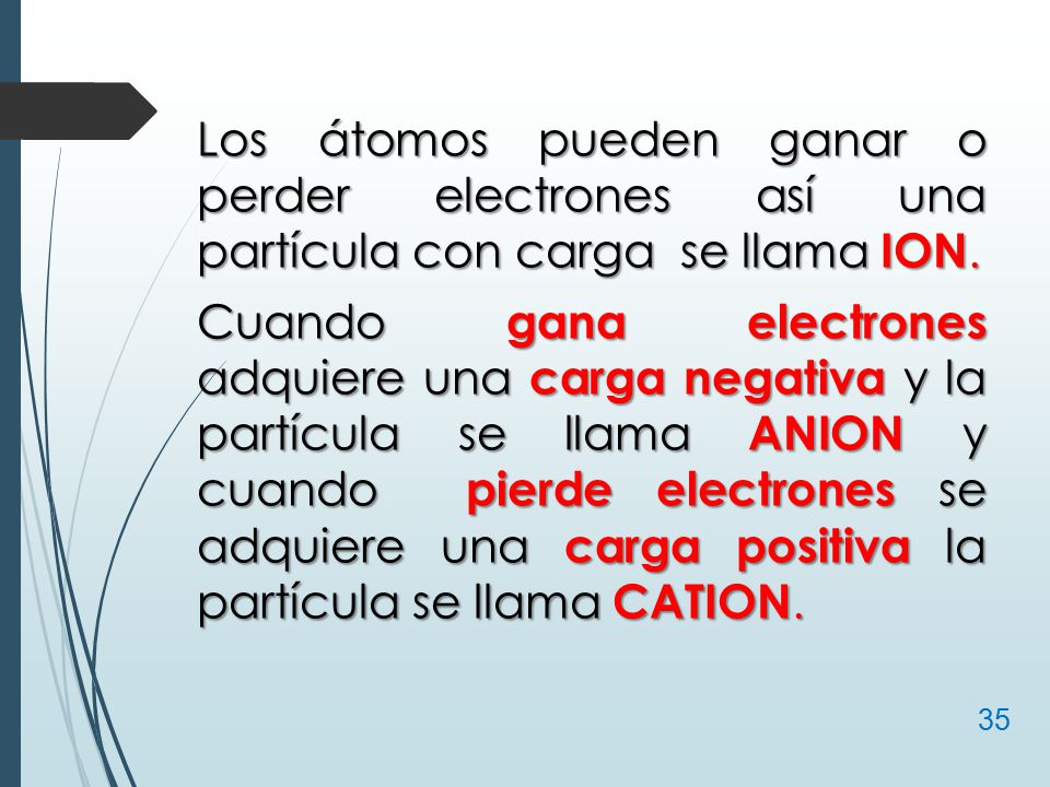 Los átomos pueden ganar o perder electrones así una partícula con carga se llama ION.