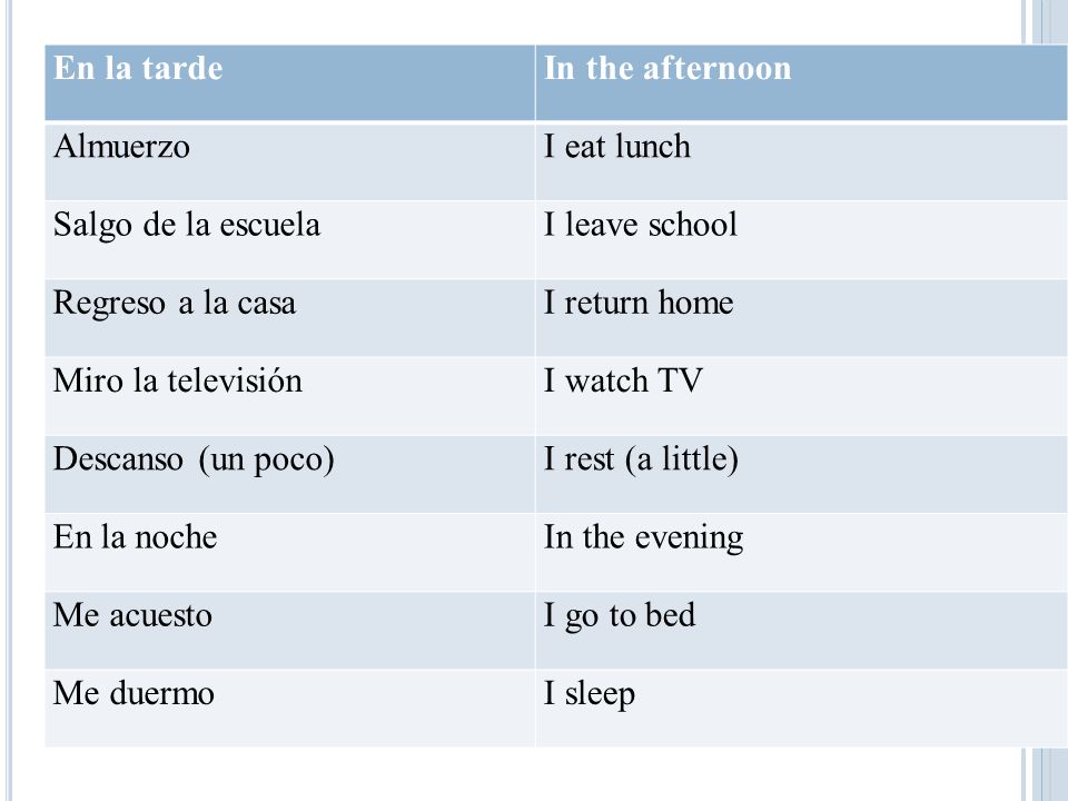 En la tarde In the afternoon. Almuerzo. I eat lunch. Salgo de la escuela. I leave school. Regreso a la casa.