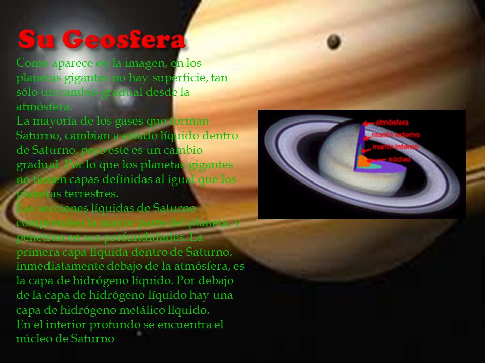 Su Geosfera Como aparece en la imagen, en los planetas gigantes no hay superficie, tan sólo un cambio gradual desde la atmósfera.