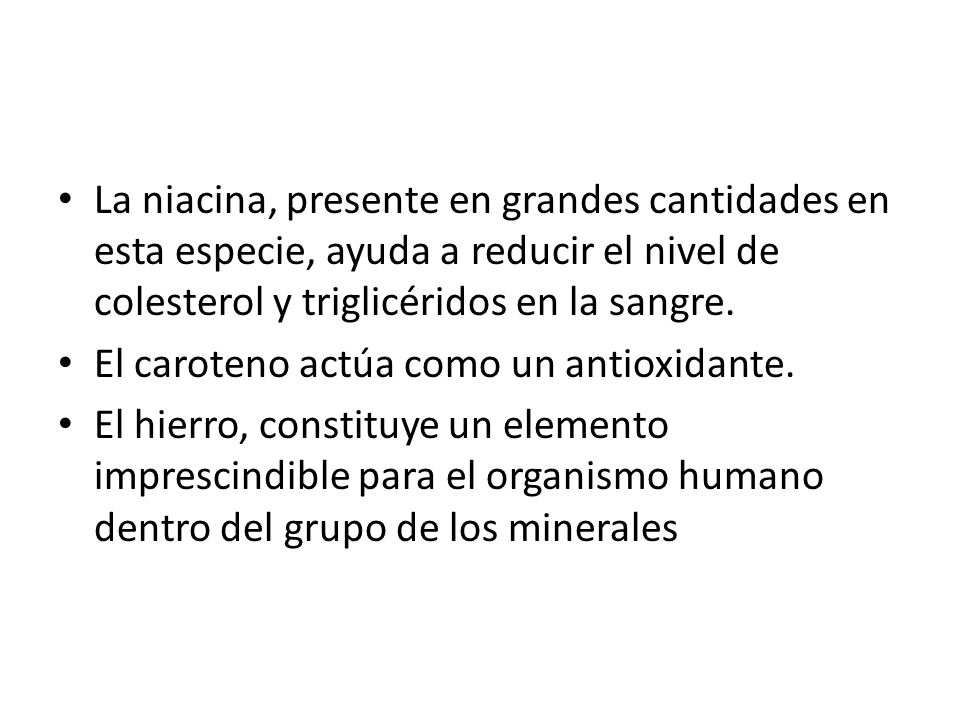 La niacina, presente en grandes cantidades en esta especie, ayuda a reducir el nivel de colesterol y triglicéridos en la sangre.