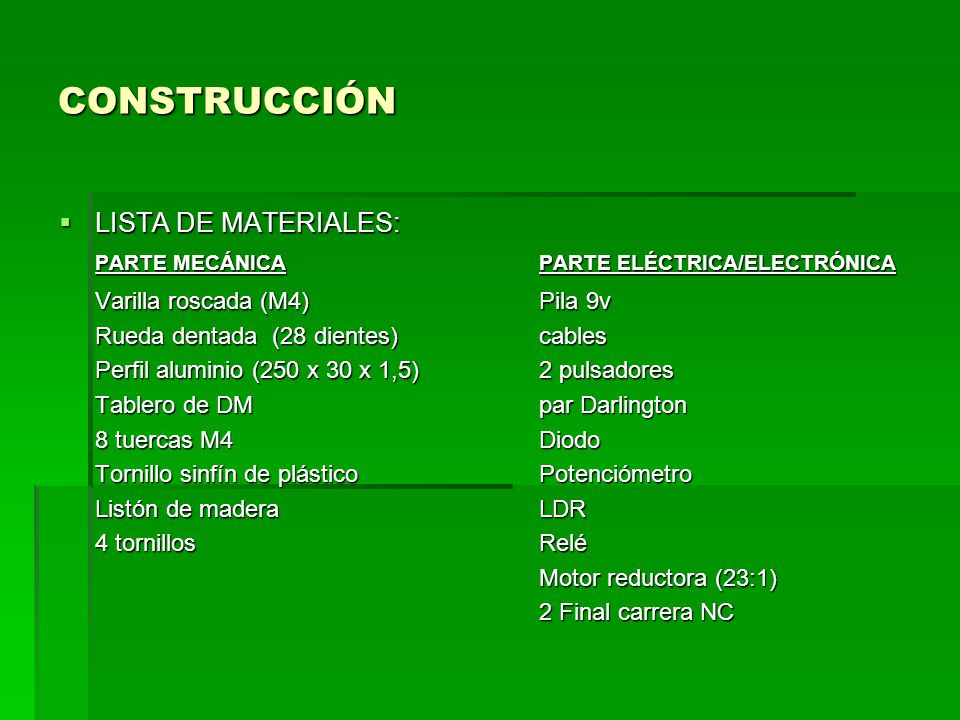 CONSTRUCCIÓN LISTA DE MATERIALES: