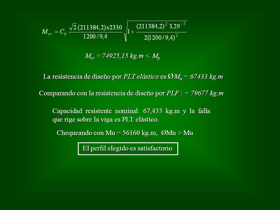 Mcr = 74925,15 kg.m < Mp La resistencia de diseño por PLT elástico es ØMn = kg.m.