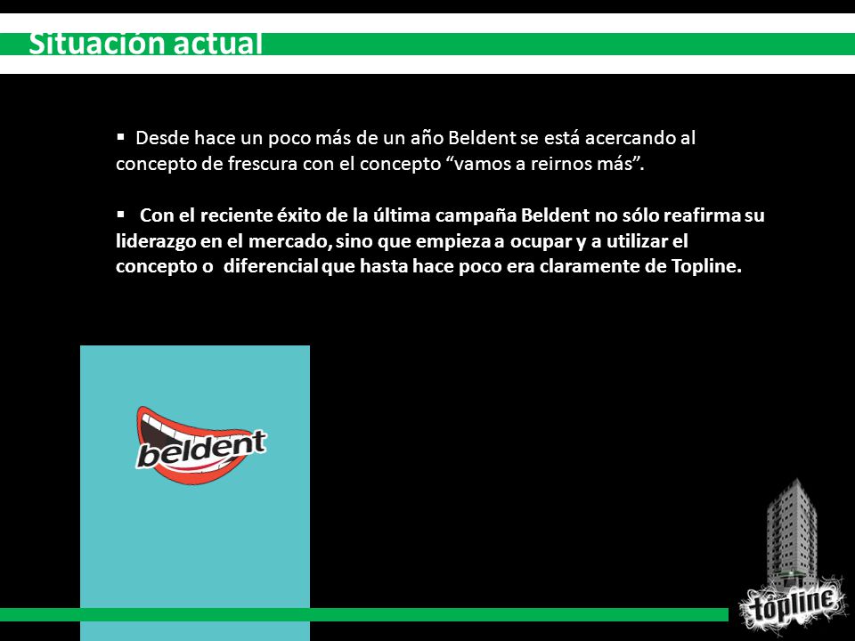 Situación actual Desde hace un poco más de un año Beldent se está acercando al concepto de frescura con el concepto vamos a reirnos más .
