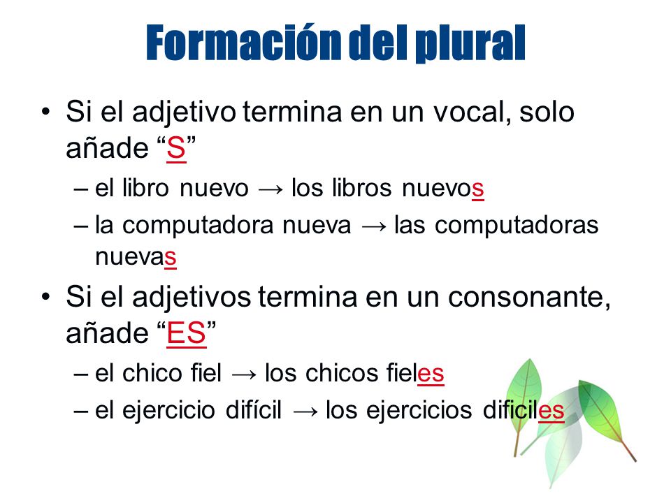 Formación del plural Si el adjetivo termina en un vocal, solo añade S el libro nuevo → los libros nuevos.