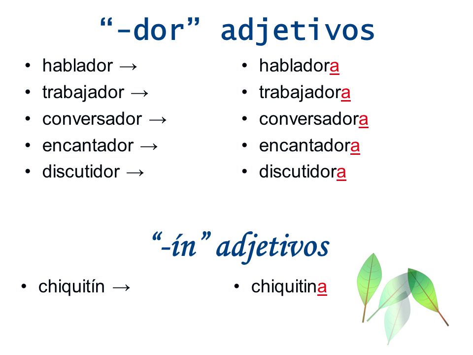 -ín adjetivos -dor adjetivos hablador → trabajador → conversador →