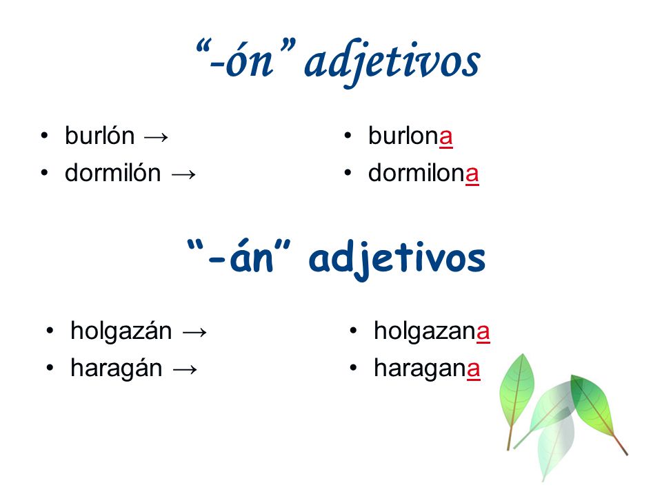 -ón adjetivos -án adjetivos burlón → dormilón → burlona dormilona
