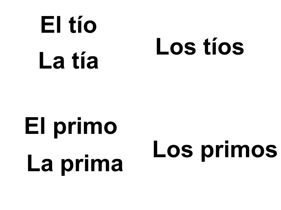 El tío Los tíos La tía El primo Los primos La prima