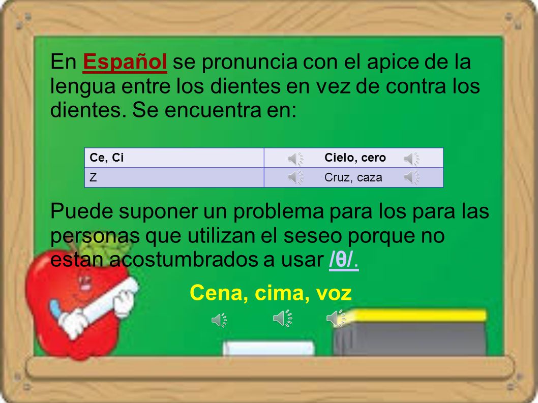 En Español se pronuncia con el apice de la lengua entre los dientes en vez de contra los dientes. Se encuentra en: