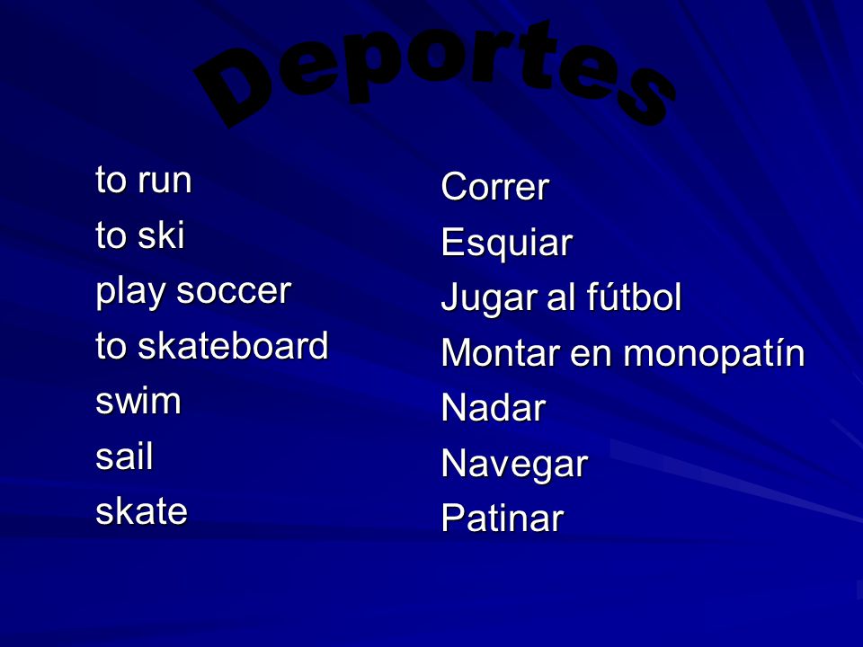 Deportes to run Correr to ski Esquiar play soccer Jugar al fútbol