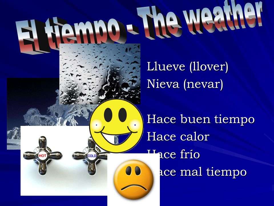 El tiempo - The weather Llueve (llover) Nieva (nevar) Hace buen tiempo