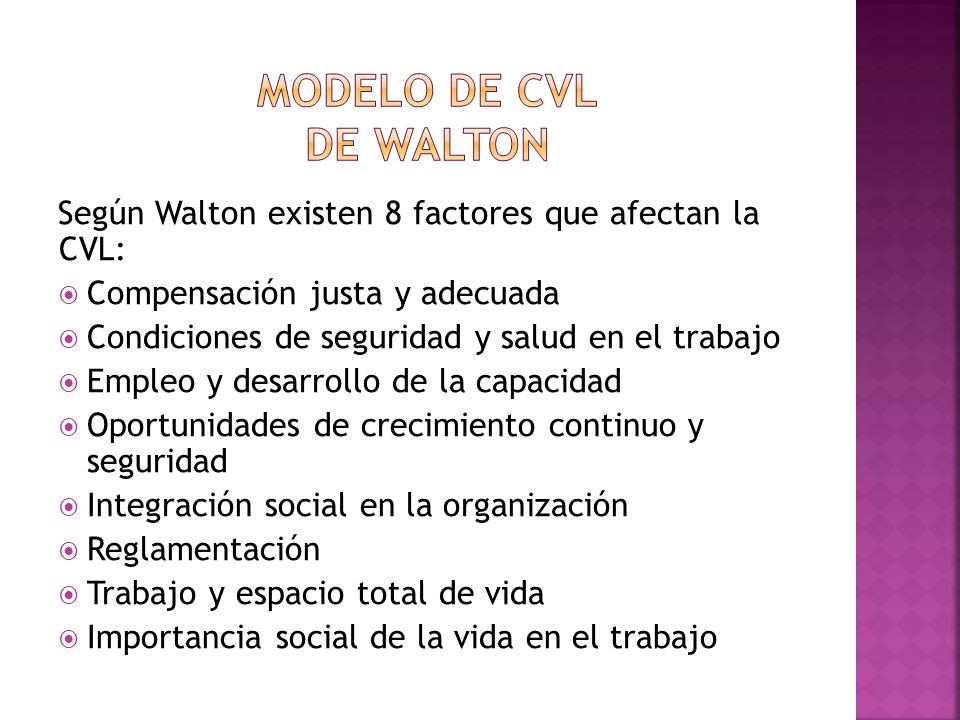 Modelo de cvl de walton Según Walton existen 8 factores que afectan la CVL: Compensación justa y adecuada.