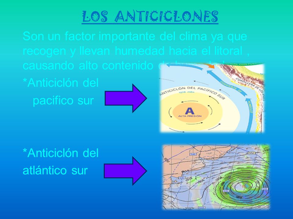 LOS ANTICICLONES Son un factor importante del clima ya que recogen y llevan humedad hacia el litoral , causando alto contenido de humedad.