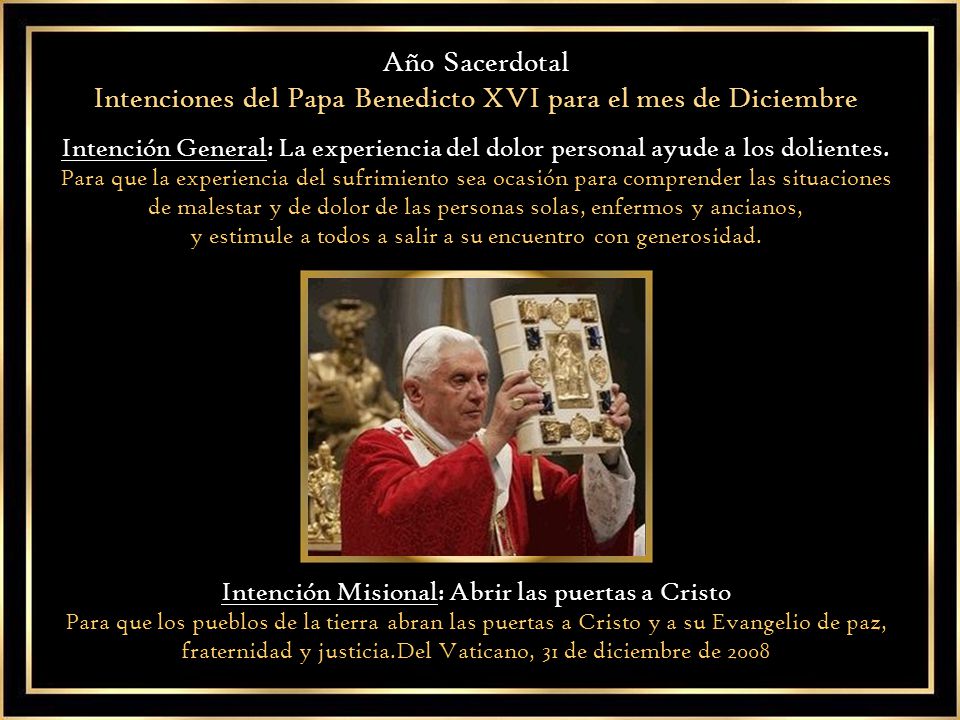 Intenciones del Papa Benedicto XVI para el mes de Diciembre