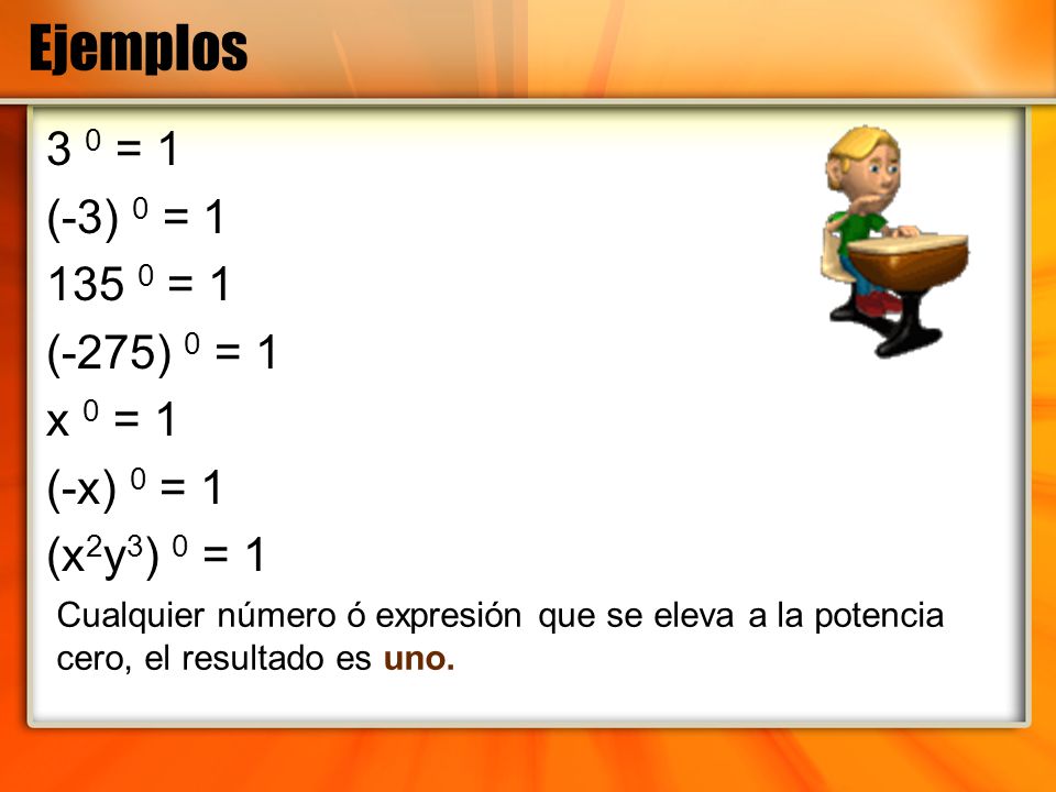 Ejemplos 3 0 = 1 (-3) 0 = = 1 (-275) 0 = 1 x 0 = 1 (-x) 0 = 1