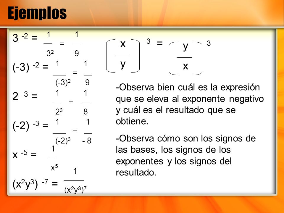 Ejemplos 3 -2 = x -3 = y 3 y (-3) -2 = x 2 -3 = (-2) -3 = x -5 =