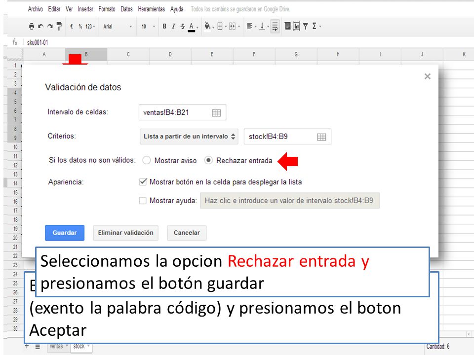 Seleccionamos la columna producto y luego vamos a la barra de menú y seleccionamos datos - validación