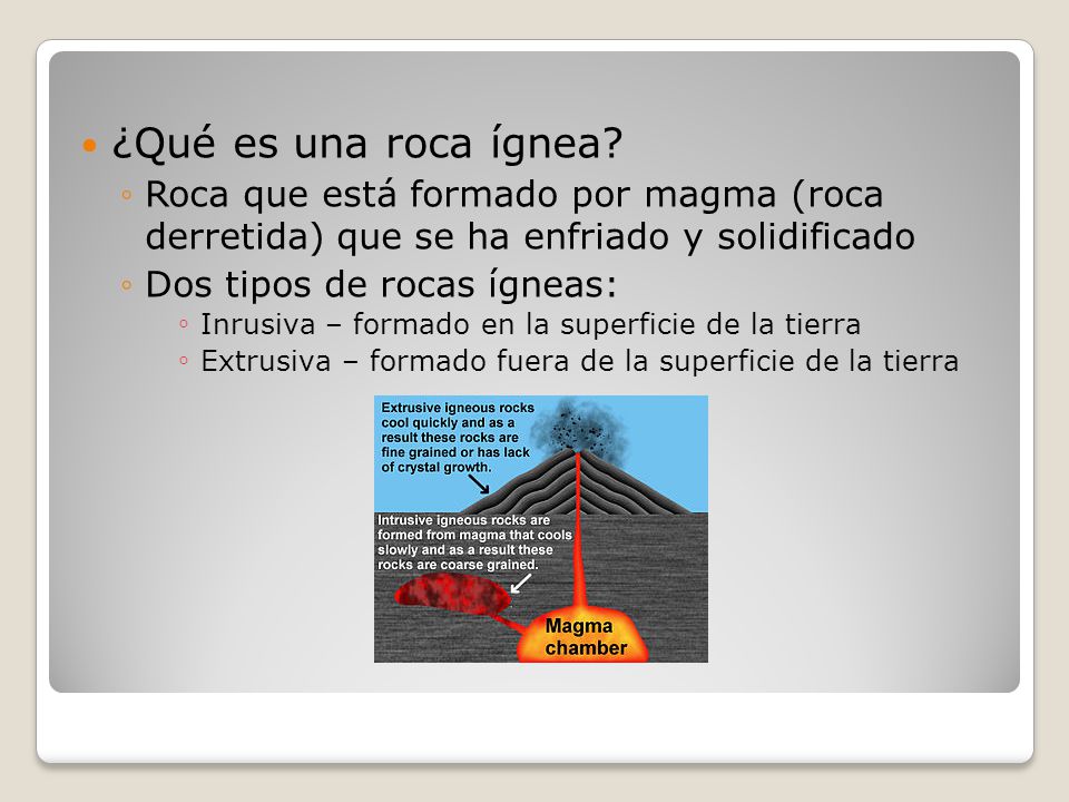 ¿Qué es una roca ígnea Roca que está formado por magma (roca derretida) que se ha enfriado y solidificado.