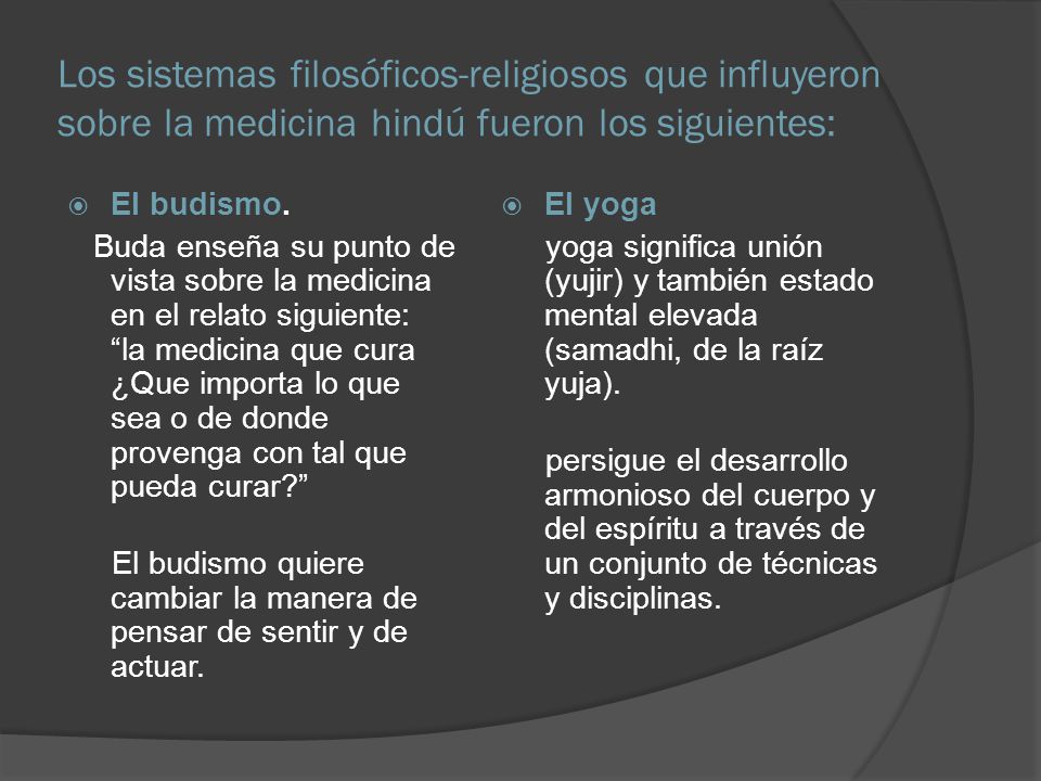 Los sistemas filosóficos-religiosos que influyeron sobre la medicina hindú fueron los siguientes: