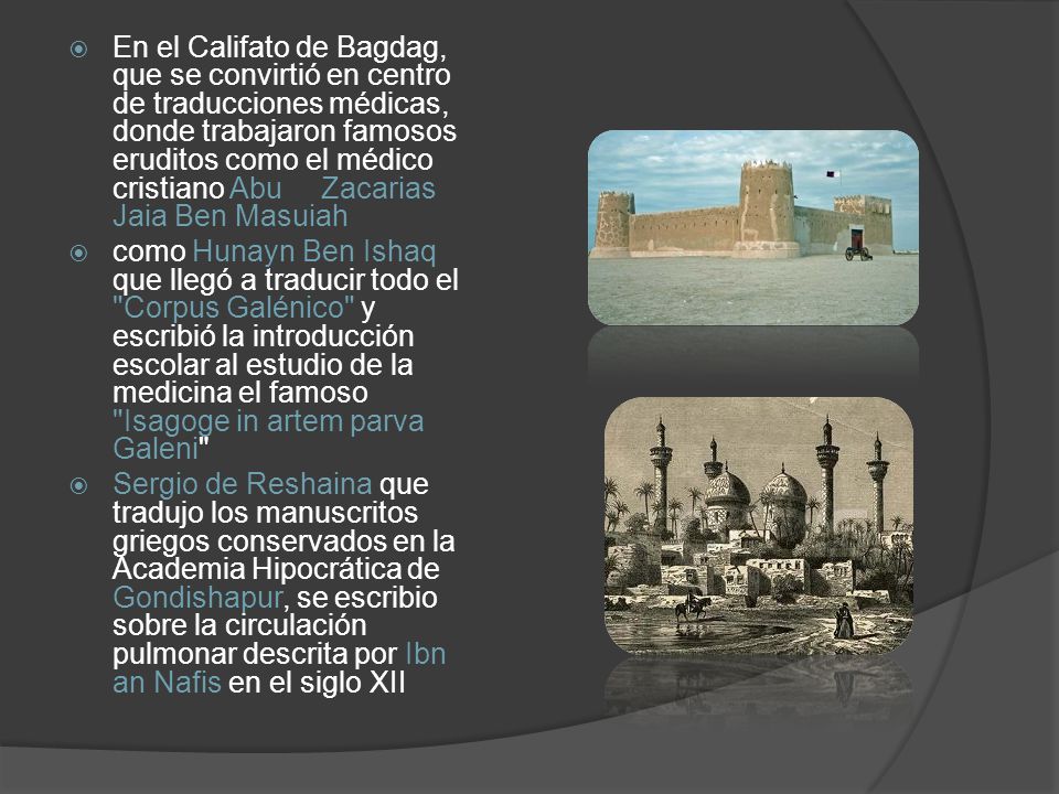 En el Califato de Bagdag, que se convirtió en centro de traducciones médicas, donde trabajaron famosos eruditos como el médico cristiano Abu Zacarias Jaia Ben Masuiah
