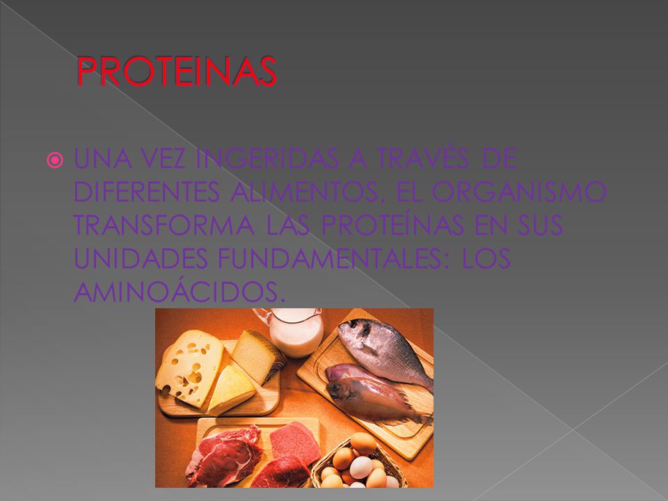 PROTEINAS Una vez ingeridas a través de diferentes alimentos, el organismo transforma las proteínas en sus unidades fundamentales: los aminoácidos.
