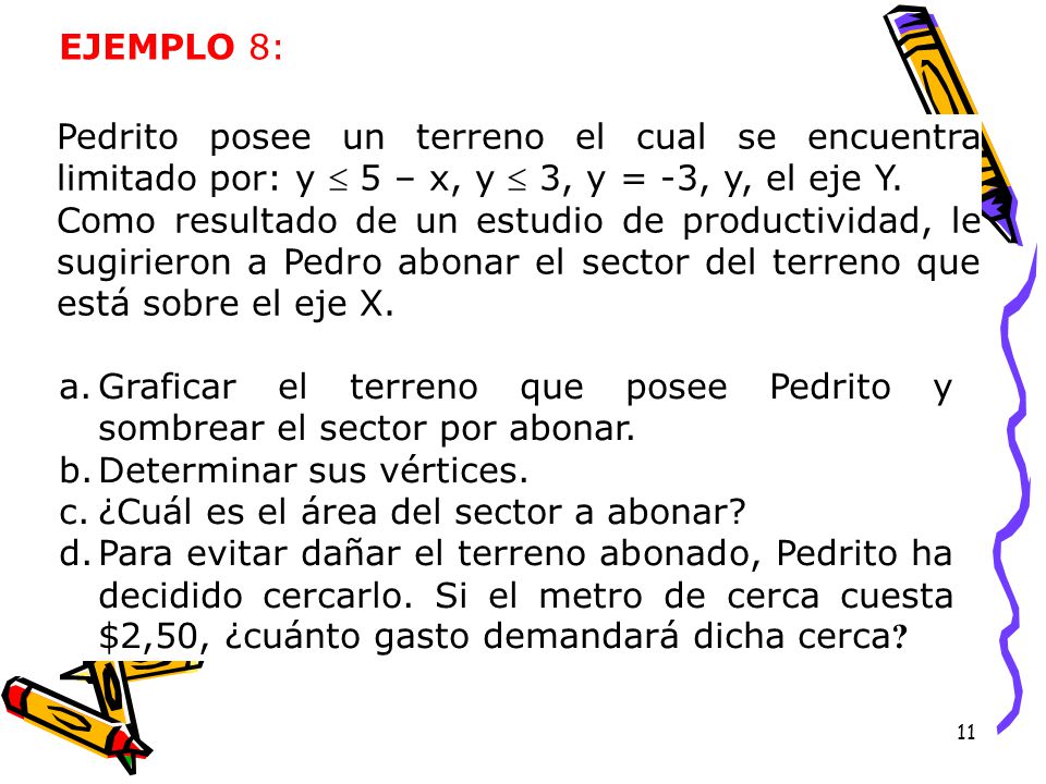EJEMPLO 8: Pedrito posee un terreno el cual se encuentra limitado por: y  5 – x, y  3, y = -3, y, el eje Y.