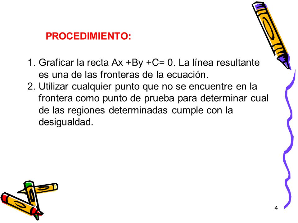 PROCEDIMIENTO: Graficar la recta Ax +By +C= 0. La línea resultante es una de las fronteras de la ecuación.