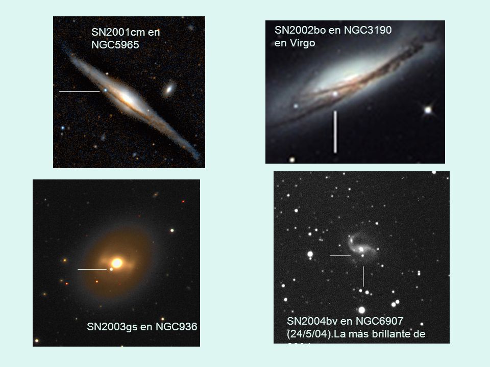 SN2001cm en NGC5965 SN2002bo en NGC3190. en Virgo. SN2004bv en NGC6907. (24/5/04).La más brillante de