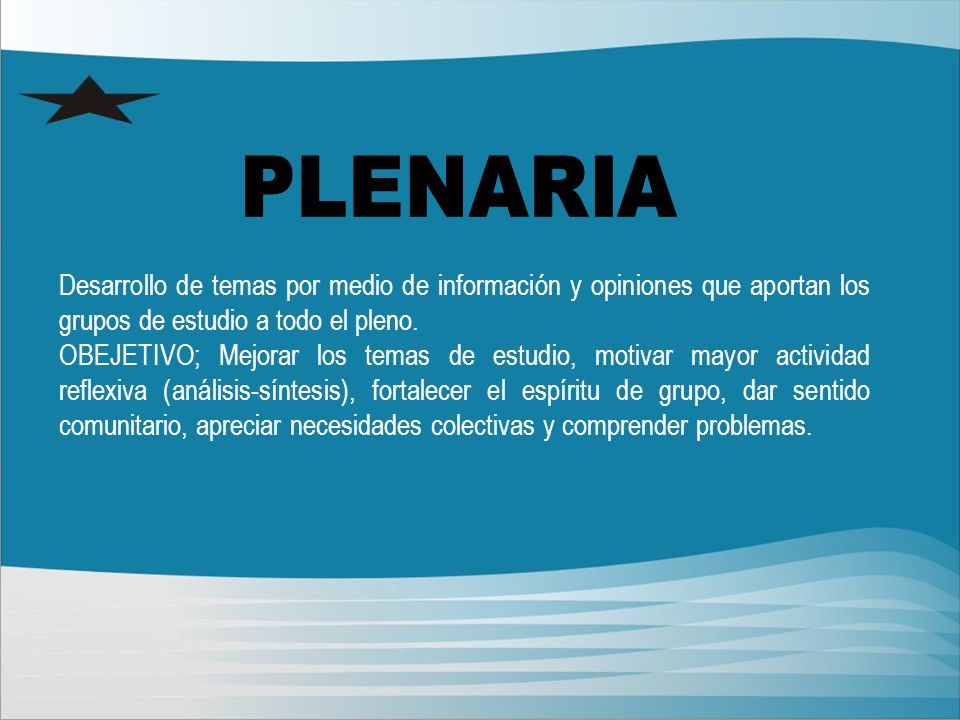 PLENARIA Desarrollo de temas por medio de información y opiniones que aportan los grupos de estudio a todo el pleno.