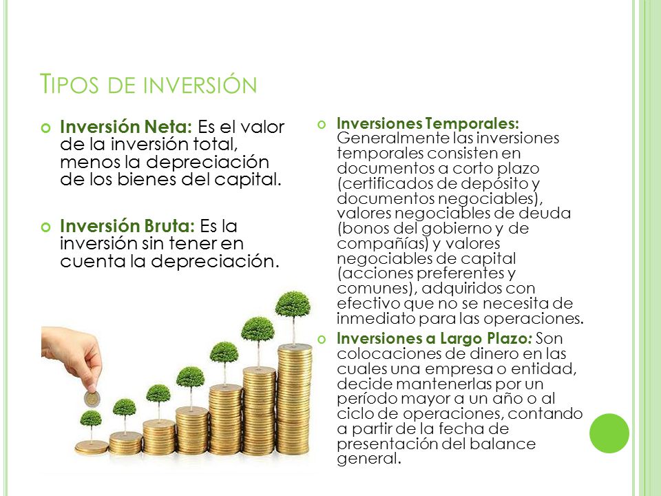 Tipos de inversión Inversión Neta: Es el valor de la inversión total, menos la depreciación de los bienes del capital.