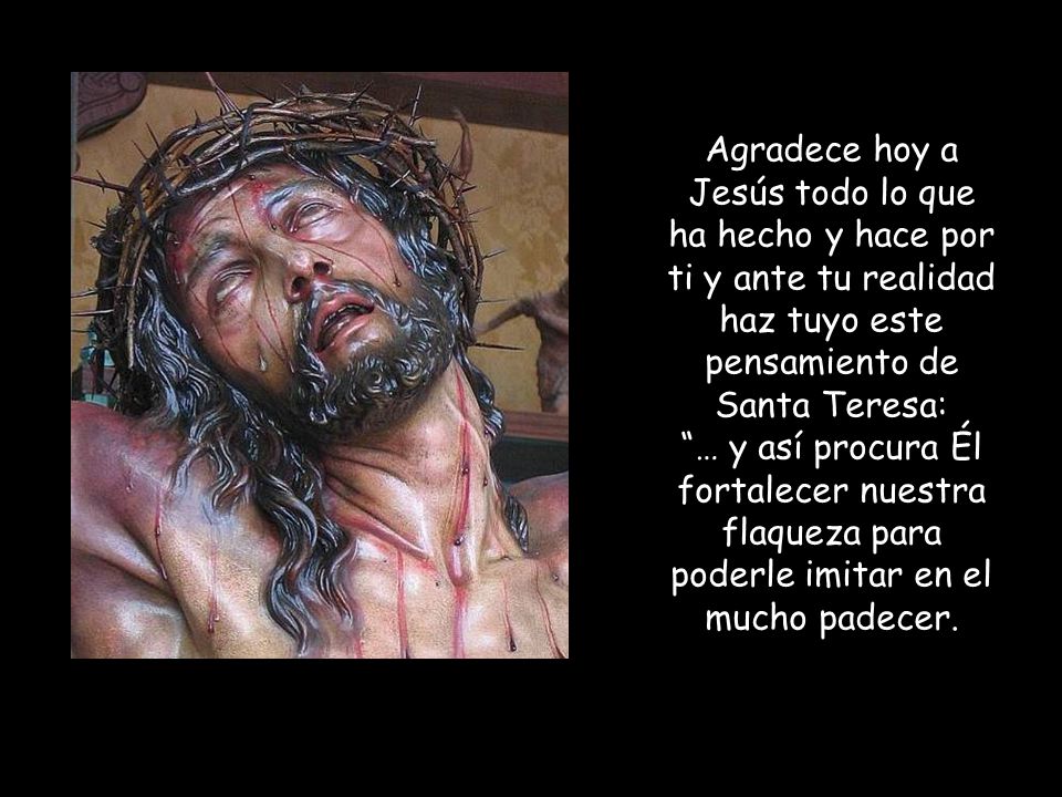 Agradece hoy a Jesús todo lo que ha hecho y hace por ti y ante tu realidad haz tuyo este pensamiento de Santa Teresa: … y así procura Él fortalecer nuestra flaqueza para poderle imitar en el mucho padecer.
