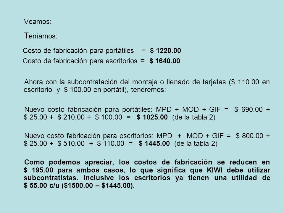 Veamos: Teníamos: Costo de fabricación para portátiles = $ Costo de fabricación para escritorios = $